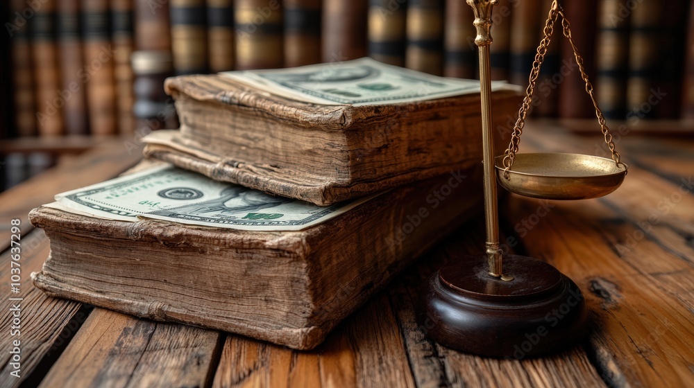Gavel, Scales of Justice, and Legal Books and money on the Table, Representing the Core Elements of the Legal System Gavel, Scales of Justice, and Legal Books and money on the Table, Representing the Core Elements of the Legal System