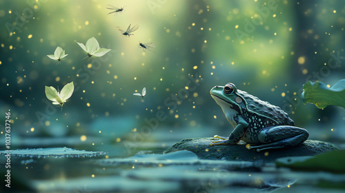 A frog watching insects flit above a pond
