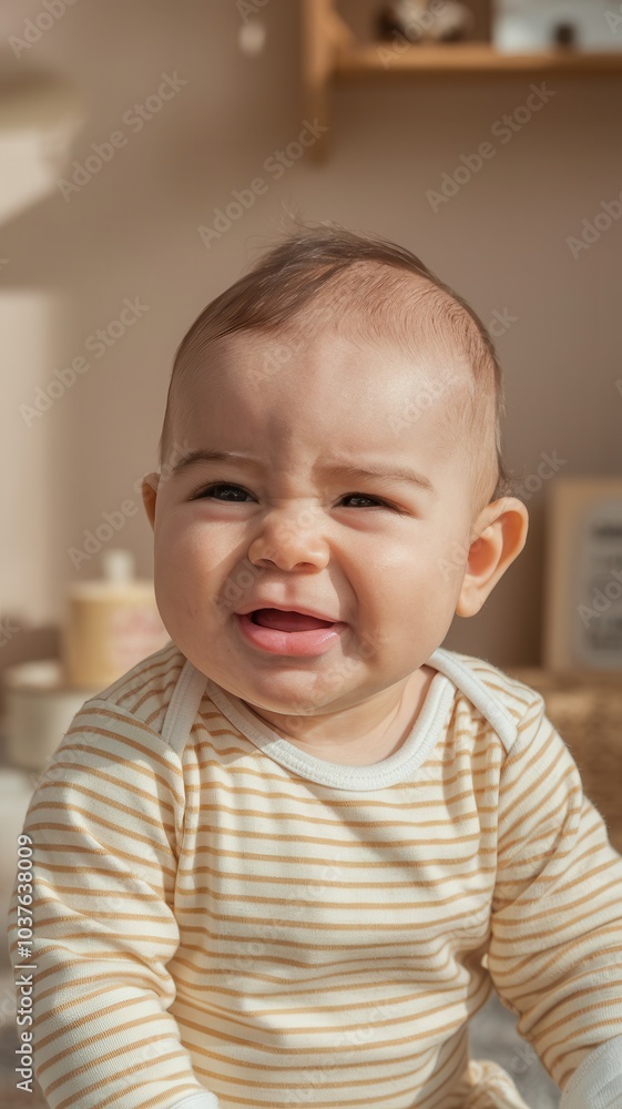 Chubby-Faced Baby in Yellow and White Striped Romper with a Puzzled Expression Chubby-Faced Baby in Yellow and White Striped Romper with a Puzzled Expression