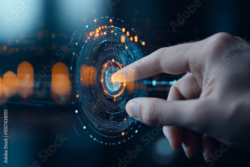 A hand touches a futuristic, glowing digital interface display, highlighting technology's role in modern interaction and innovation, symbolizing advancement and connection. photo