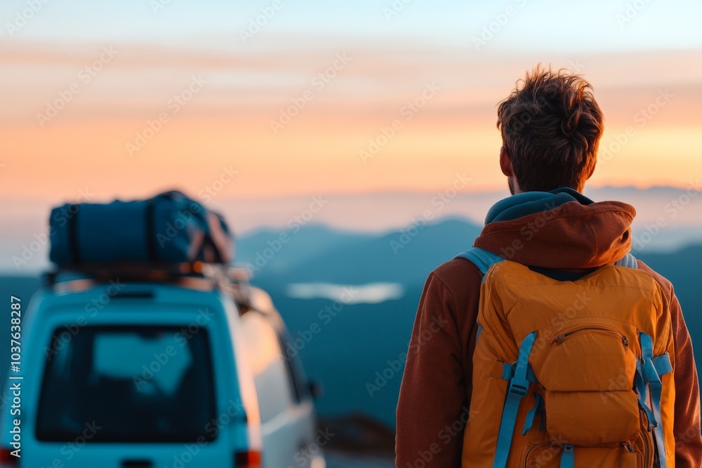 A lone traveler with a backpack stands near a van, looking at the sunrise over a scenic landscape, representing adventure and exploration in a modern style. A lone traveler with a backpack stands near a van, looking at the sunrise over a scenic landscape, representing adventure and exploration in a modern style.