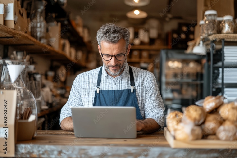 A man with glasses and a beard works intently on his laptop in a warm, rustic shop filled with breads and bags, conveying a sense of focus and productivity. A man with glasses and a beard works intently on his laptop in a warm, rustic shop filled with breads and bags, conveying a sense of focus and productivity.