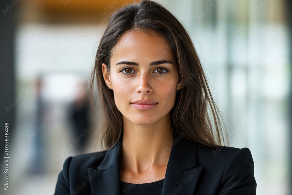 A confident businesswoman with long hair stands in focus, embodying professionalism and empowerment in a modern office environment during the daytime. A confident businesswoman with long hair stands in focus, embodying professionalism and empowerment in a modern office environment during the daytime.