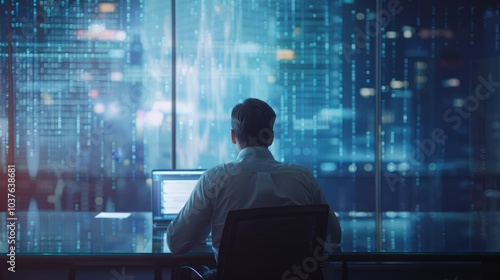 A man is sitting at a desk with a laptop in front of him