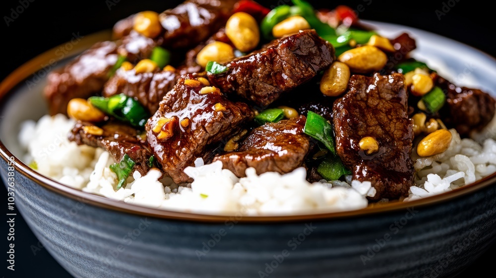 A Kung Pao beef stir-fry featuring tender beef strips in a spicy Sichuan peppercorn sauce with roasted peanuts, red chilies, and scallions, served with jasmine rice. A Kung Pao beef stir-fry featuring tender beef strips in a spicy Sichuan peppercorn sauce with roasted peanuts, red chilies, and scallions, served with jasmine rice.