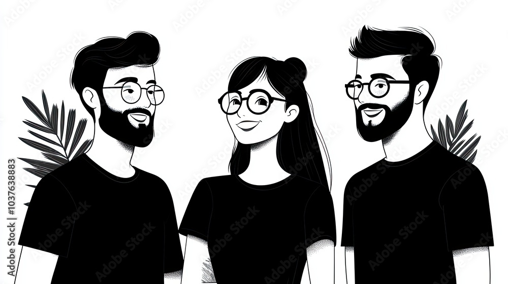 Portrait of three young adults with glasses in black and white. Modern digital illustration of friends. Portrait of three young adults with glasses in black and white. Modern digital illustration of friends.