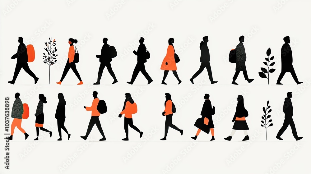 Fototapeta premium Abstract illustration of diverse people walking with orange accents. Minimalist graphic design with flat colors