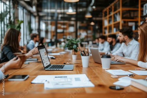 Image of a modern office environment with professionals collaborating at a large wooden table with laptops, showcasing teamwork and a tech-driven workspace.