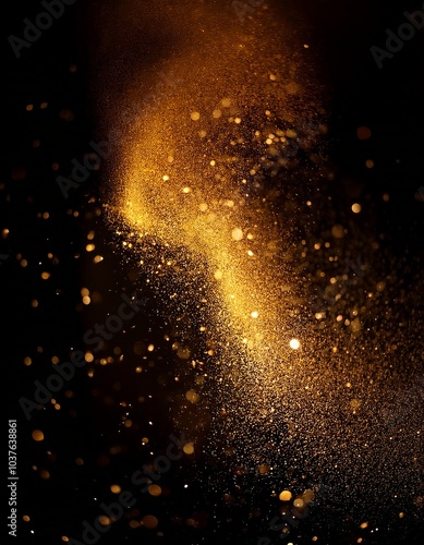  Isolated golden glow on a black background, featuring glowing dust particles resembling a magical sand blast