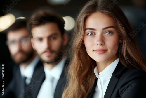 A confident businesswoman is sharply in focus in the foreground, with colleagues slightly blurred behind her, portraying leadership, focus, and professional dedication.