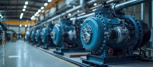 A row of industrial machinery in a factory.