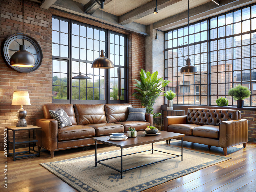 An industrial-chic living room in an urban loft setting An industrial-chic living room in an urban loft setting