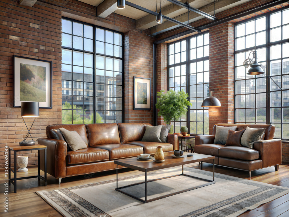 An industrial-chic living room in an urban loft setting An industrial-chic living room in an urban loft setting