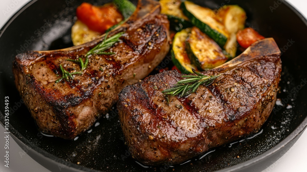 A stock image of seasoned lamb chops with olive oil, garlic, rosemary, and thyme being seared in a hot pan until caramelized, then roasted in the oven to desired doneness. A stock image of seasoned lamb chops with olive oil, garlic, rosemary, and thyme being seared in a hot pan until caramelized, then roasted in the oven to desired doneness.