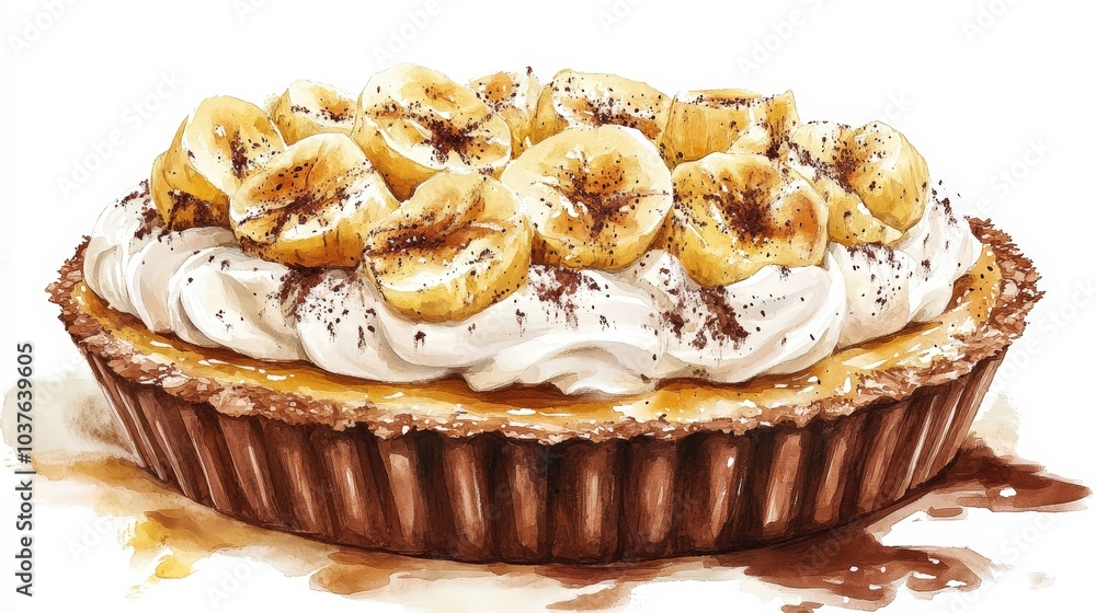 Delightful Banoffee Pie: 17th Century UK Authentic Style Watercolor Illustration with Festive Flair Delightful Banoffee Pie: 17th Century UK Authentic Style Watercolor Illustration with Festive Flair