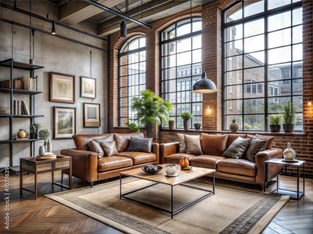 An industrial-chic living room in an urban loft setting An industrial-chic living room in an urban loft setting