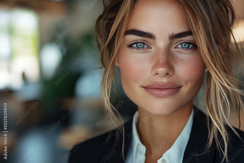 Fototapeta premium Close-Up of Posed Business Woman with Wavy Hair in Modern Style and Natural Lighting