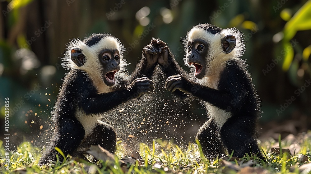 Fototapeta premium Two young black and white monkeys playing in the forest. They are facing each other and have their hands raised in the air. They are surrounded by green grass and trees. They are covered in dust.