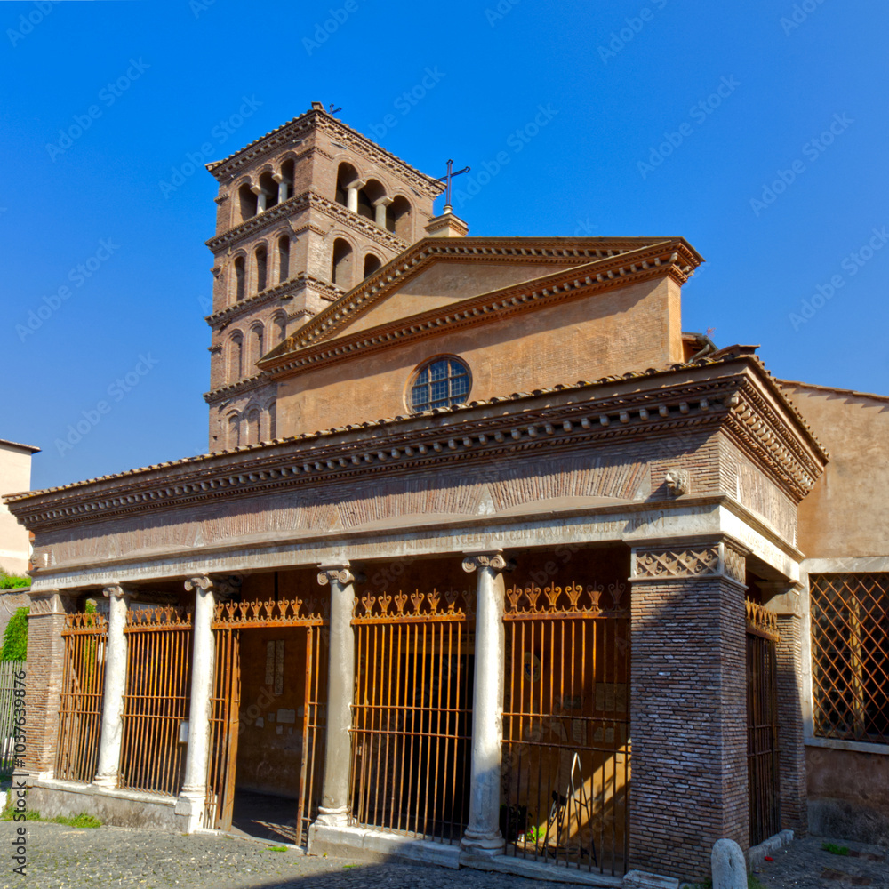 Old place of worship and a watch tower behind it, Rome, Italy