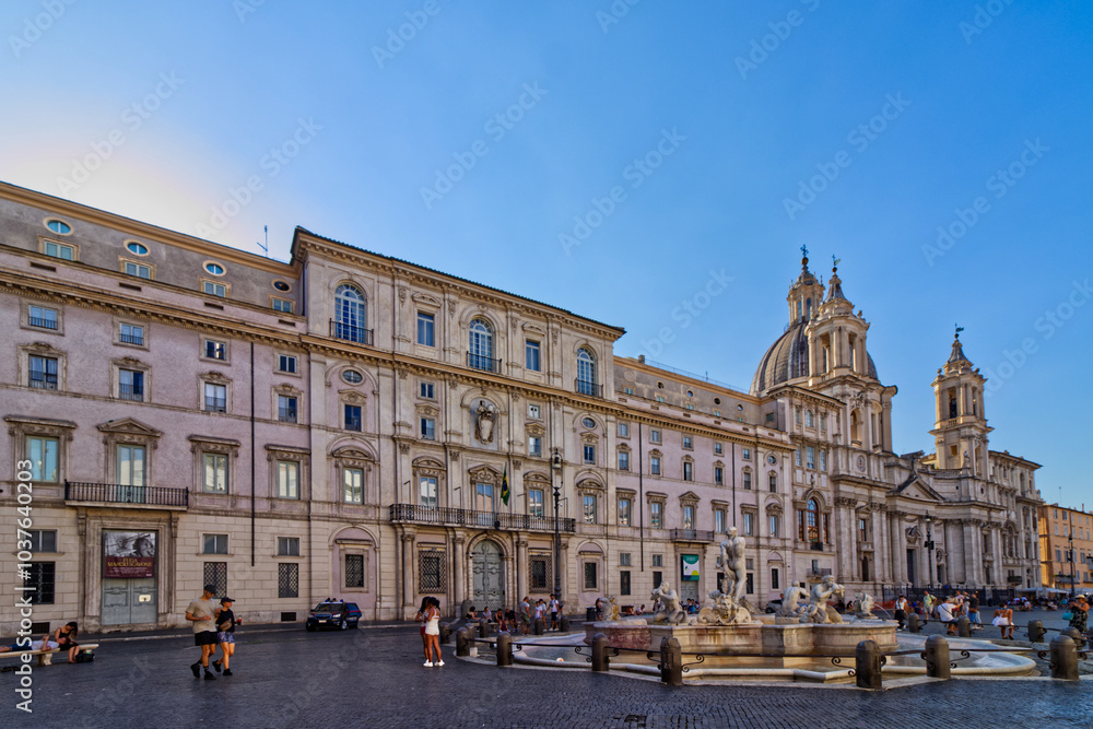 Impressive architecture and fountains filled with tourists around Piazza Novona, Rome, Italy