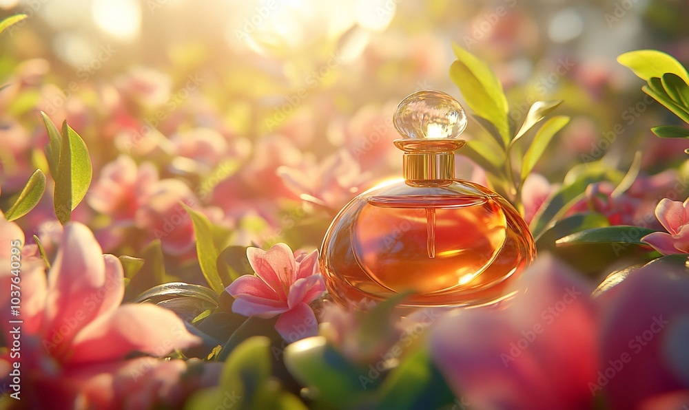 A glass bottle of perfume sits on a bed of pink flowers, bathed in warm sunlight. A glass bottle of perfume sits on a bed of pink flowers, bathed in warm sunlight.