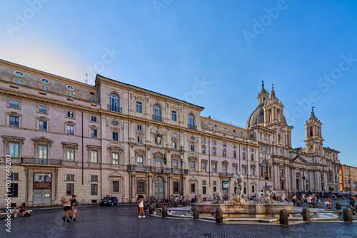 Impressive architecture and fountains filled with tourists around Piazza Novona, Rome, Italy