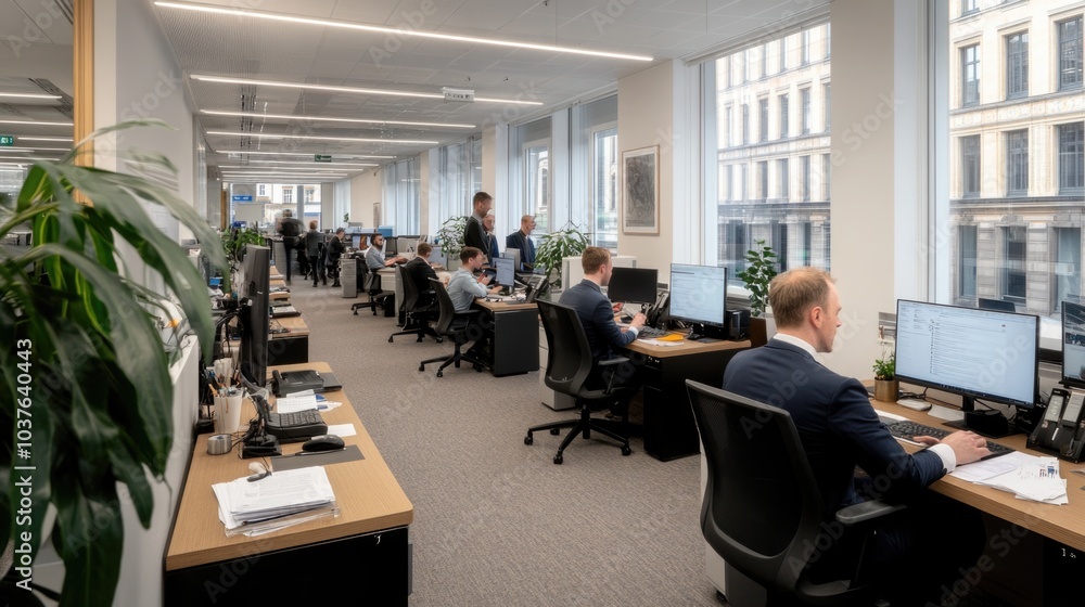 Busy modern office interior with professionals working collaboratively at desks Busy modern office interior with professionals working collaboratively at desks