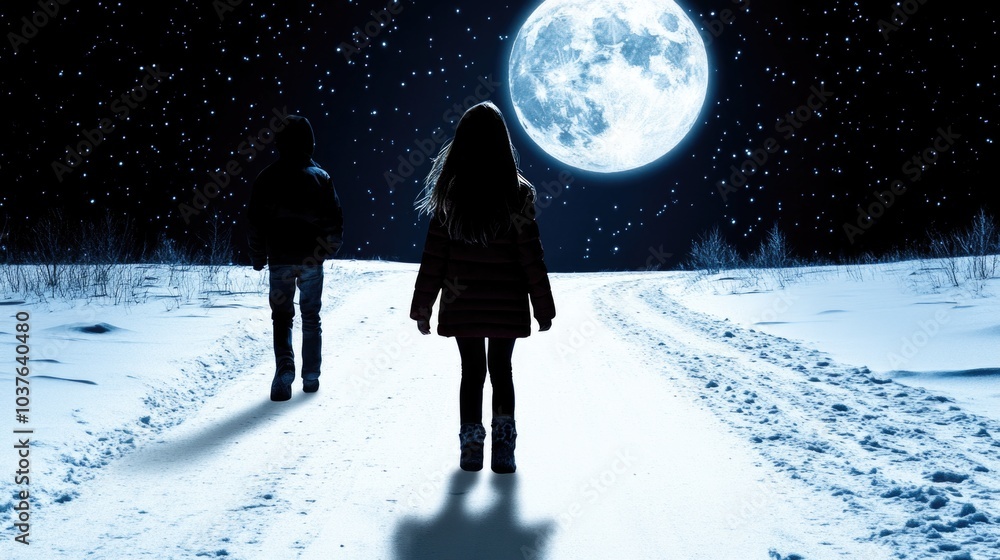 Children walking on snowy path at night under a bright full moon Children walking on snowy path at night under a bright full moon
