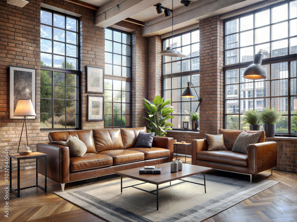 An industrial-chic living room in an urban loft setting An industrial-chic living room in an urban loft setting