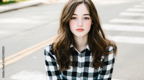 Young woman in checkered shirt sitting on urban street