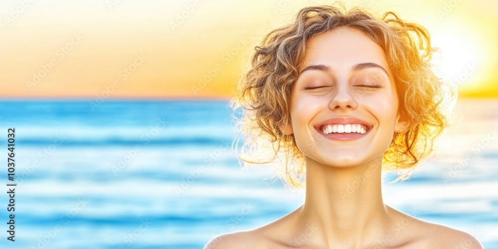 Joyful woman enjoying sunrise by the sea with eyes closed and radiant smile Joyful woman enjoying sunrise by the sea with eyes closed and radiant smile