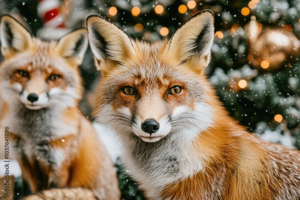 Fototapeta premium Festive red foxes in snowy winter wonderland with holiday decor