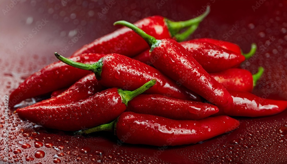 A vibrant pile of fresh red chili peppers adorned with glistening water droplets, showcasing their freshness in advertising photography A vibrant pile of fresh red chili peppers adorned with glistening water droplets, showcasing their freshness in advertising photography
