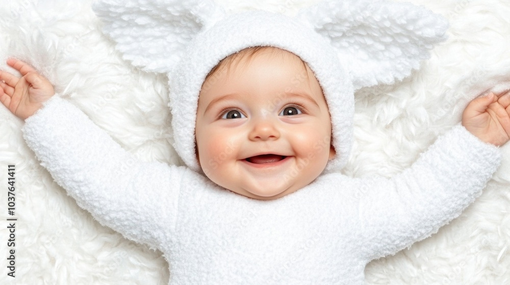 Adorable baby in fuzzy white outfit with bunny ears lying on soft blanket Adorable baby in fuzzy white outfit with bunny ears lying on soft blanket