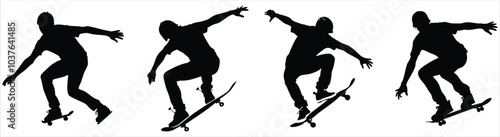 Skateboarder silhouette doing tricks isolated on white background

