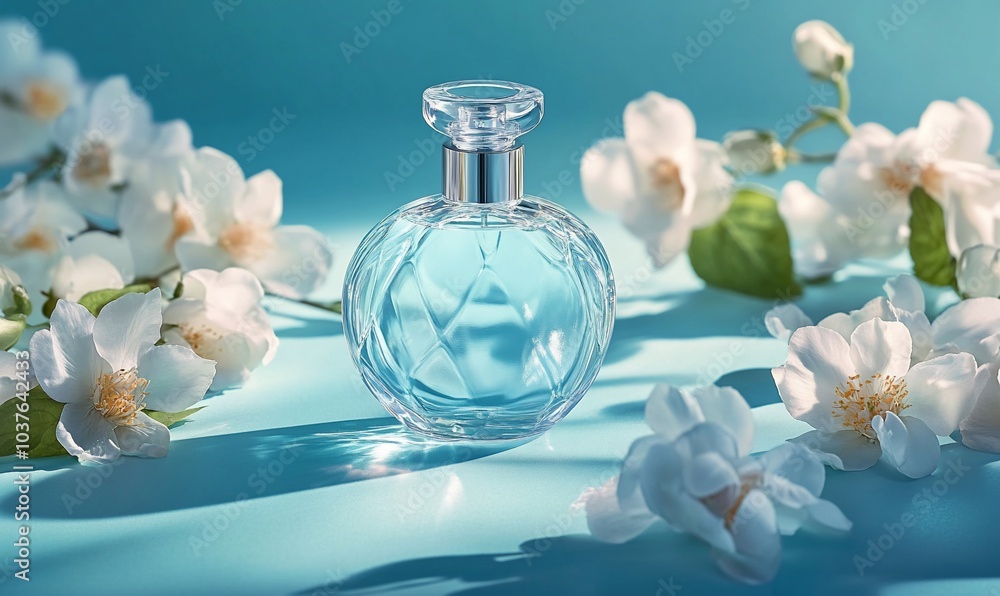 A glass bottle of perfume with a silver cap surrounded by white flowers on a blue background. A glass bottle of perfume with a silver cap surrounded by white flowers on a blue background.