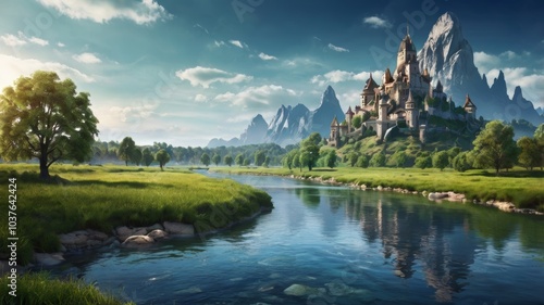 Beautiful fantasy landscape green color with river