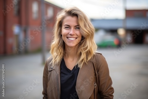 Portrait of a beautiful young woman smiling at the camera in an urban environment