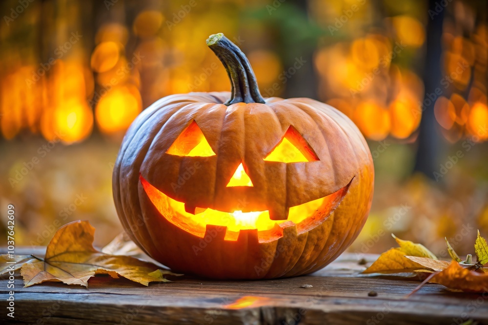 Jack-o'-lantern with a mischievous grin on wooden table. Halloween background with copy space Jack-o'-lantern with a mischievous grin on wooden table. Halloween background with copy space
