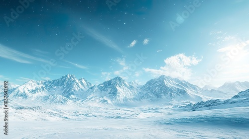 A panoramic view of a snowy mountain range under a bright blue sky, showcasing the majesty of winter.