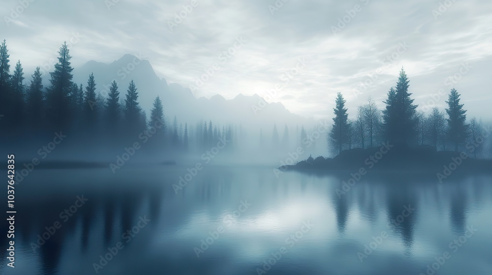 Fototapeta premium A peaceful morning mist hovering over a tranquil lake, with silhouettes of trees in the background.
