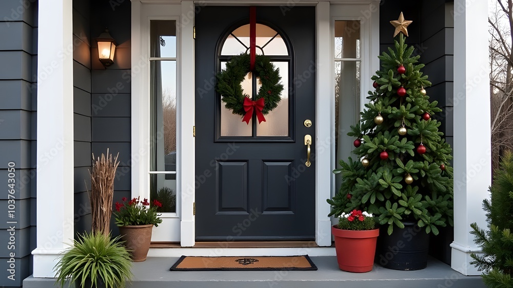 Fototapeta premium A Charming Holiday Front Porch adorned with Festive Christmas Decorations and Decor