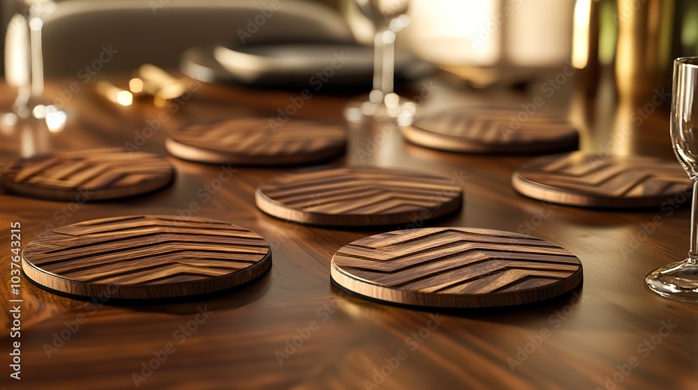A refined PSD mockup of a set of coasters arranged on a dining table, capturing unique design patterns. A refined PSD mockup of a set of coasters arranged on a dining table, capturing unique design patterns.