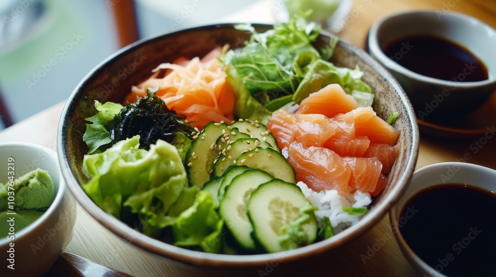 A refreshing sushi salad bowl featuring mixed greens, cucumber, avocado A refreshing sushi salad bowl featuring mixed greens, cucumber, avocado