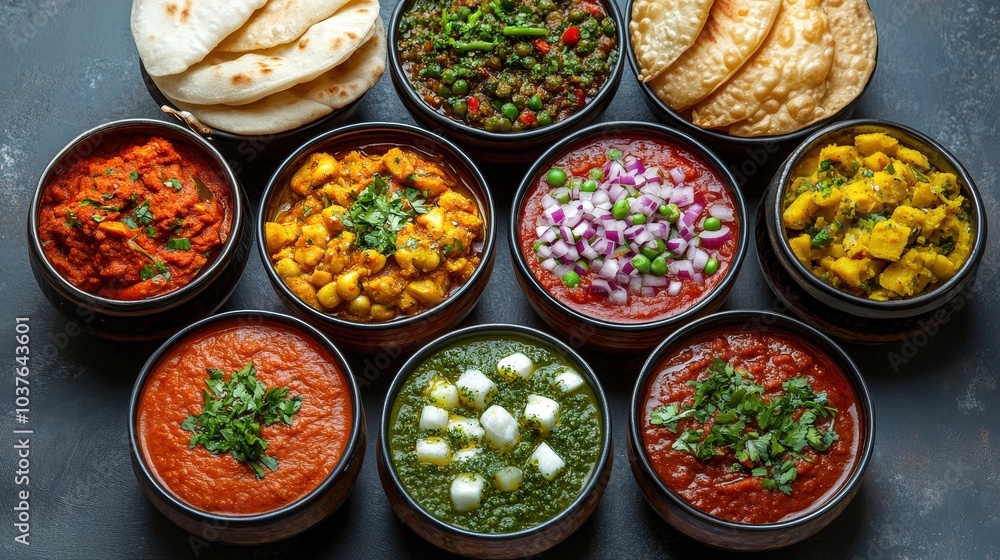 Vibrant Pav Bhaji Spread in Circular Arrangement, Top-Down View with Gentle Curves and Colors of India Vibrant Pav Bhaji Spread in Circular Arrangement, Top-Down View with Gentle Curves and Colors of India