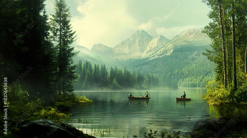Naklejka premium A scenic mountain lake with a small group of anglers quietly fishing from the shore, framed by towering pines.