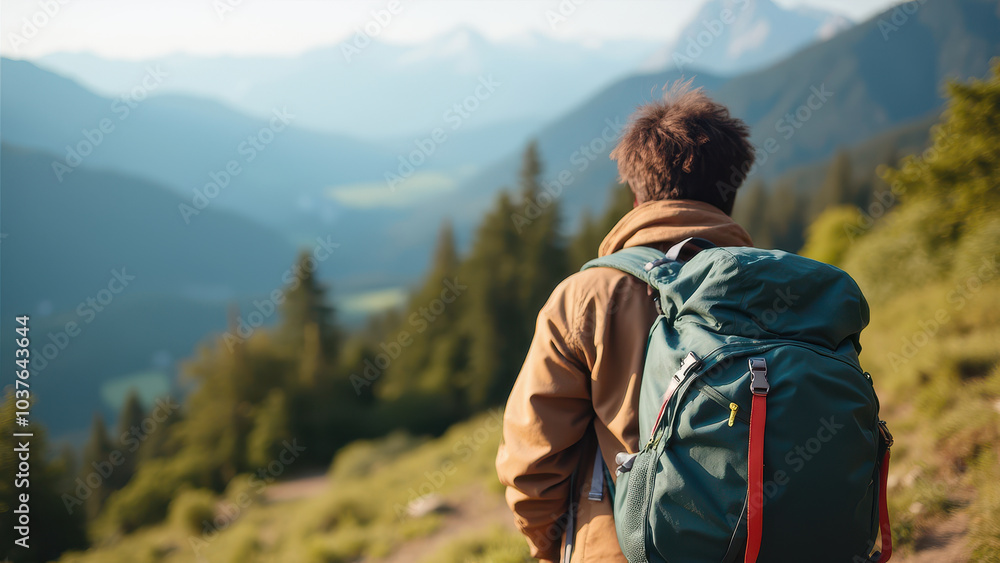 Adventurer Hiking Along Scenic Mountain Trail Adventurer Hiking Along Scenic Mountain Trail