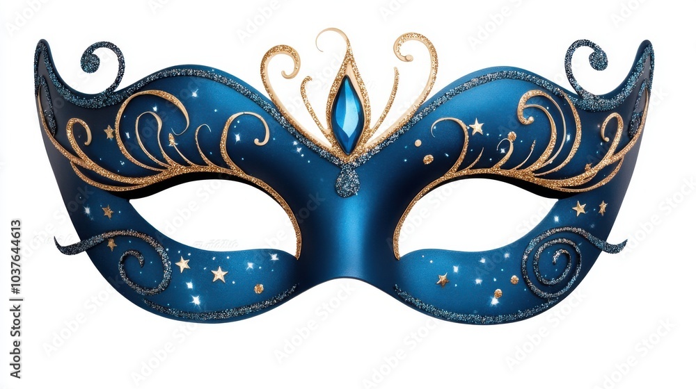 Blue decorative masquerade mask with golden details, white isolated background. Blue color party. Blue decorative masquerade mask with golden details, white isolated background. Blue color party.