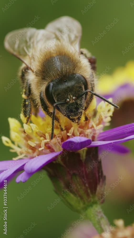A bee pollinating a flower, captured in detailed close-up.
A bee pollinating a flower, captured in detailed close-up.