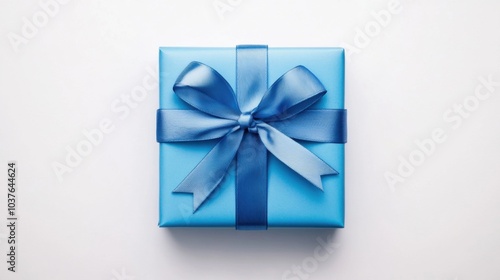 Blue gift box with ribbon, isolated on white background. Blue color party.